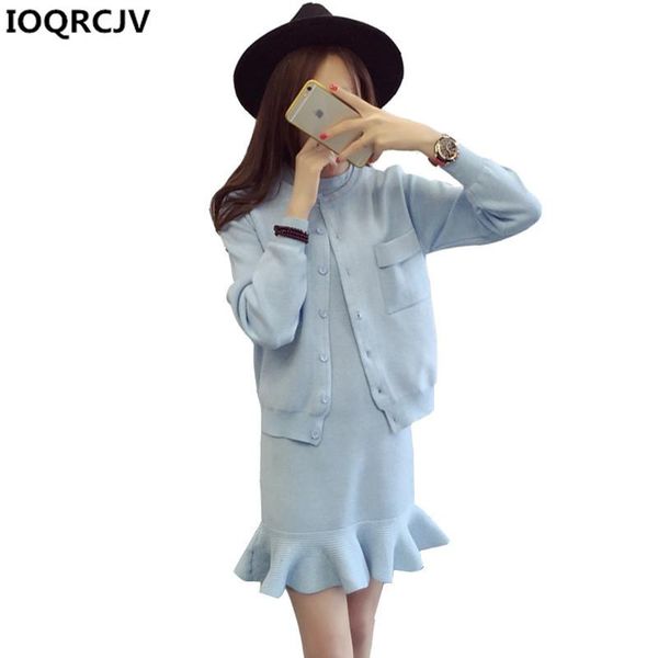 

two piece dress 2021 spring female suit fashion pullover sweater dress+long sleeves knit cardigan coat set women k76, White