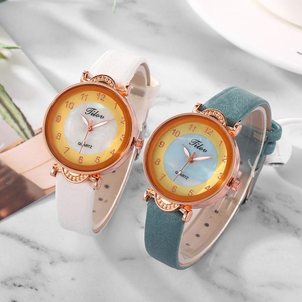 

wristwatches fashion women's watches clock gifts double circle disc color shell faux leather strap busines analog wristwatch montre fem, Slivery;brown