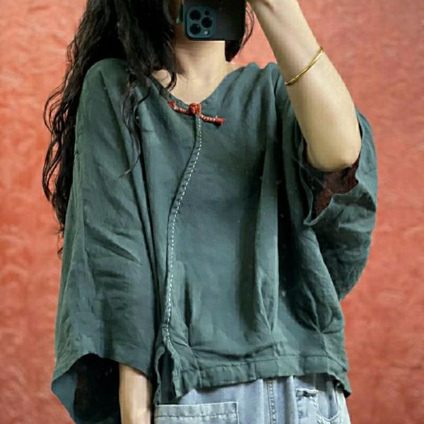 

women's blouses & shirts 2021 arrival summer women loose v-neck three quarter sleeve blouse button cotton linen p45, White