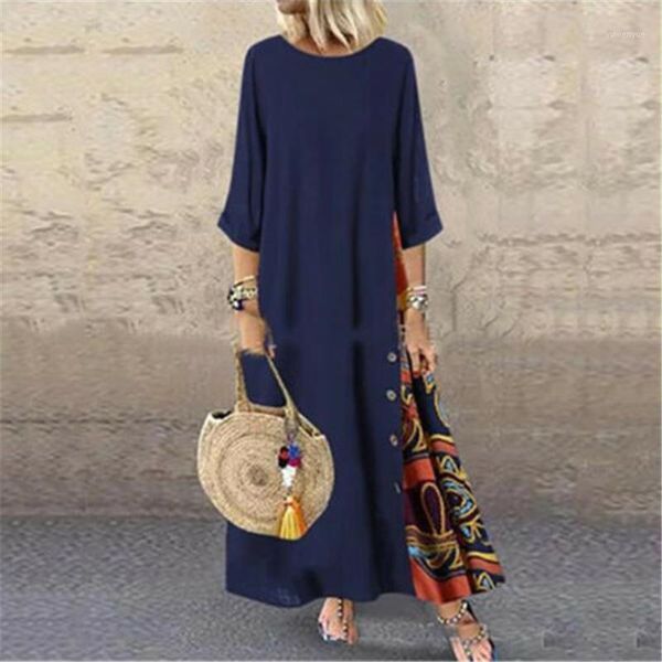 

casual dresses xingqing women's mid sleeve o-neck long beach dress ladies loose boho sundress bohemain style woman clothes plus size, Black;gray