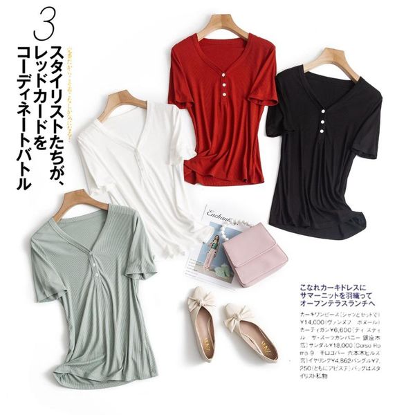 

summer modal women 2021 short sleeve slim fit basic buttons v-neck ladies solid casual female tees soft fabric t shirt women's t-shirt, White