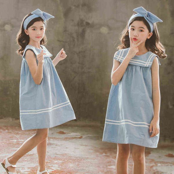 Nuovo vestito estivo per ragazze 2021 cotone stile preppy colletto da marinaio cotone abito da principessa per bambini abito per il tempo libero gilet adorabile, # 5157 G1129