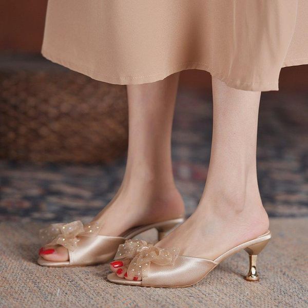 

slippers butterfly-knot shoes ladies' thin heels heeled mules peep toe low slipers women high summer girl 2021 sweet slides rome, Black