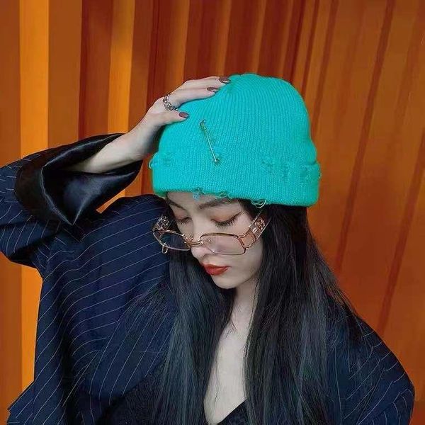 

beanie/skull caps 2021 female autumn and winter ring pin warm hat korean version ins hip-hop couple knitted woolen hole, Blue;gray
