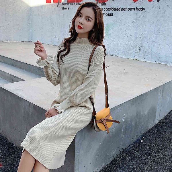 

autumn and winter wear new knitted dress loose waist half high collar solid color skirt design sense fairy skirt female 210412, Black;gray