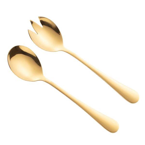 

spoons 2pcs dual purpose home salad stainless steel handle fork (golden)