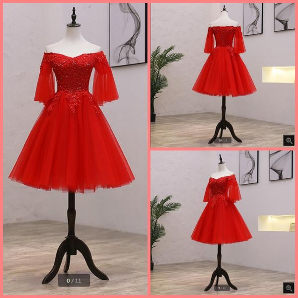 

vestido de festa 2021 red tulle a line short prom dresses beaded lace appliques half sleeve petite party dress knee length informal corset c, Black