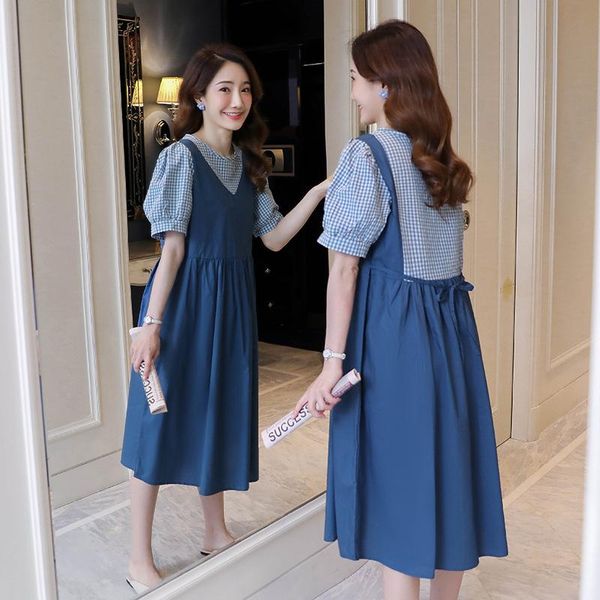 

maternity dresses summer korean fashion long dress plaid patchwork a line clothes for pregnant women pregnancy clothing, White
