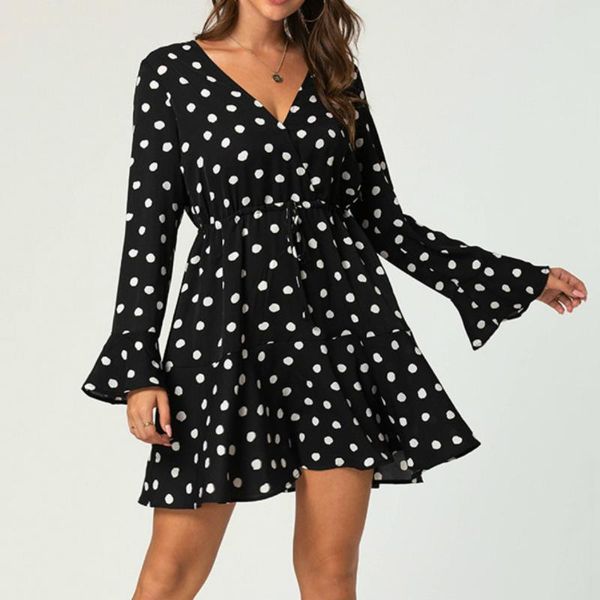 

polka dot v neck women black dress 2021 autumn long flare sleeve a line ruffles mini party elegant ladies clothes xxl casual dresses, Black;gray