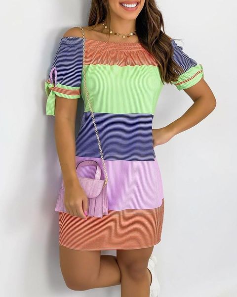 

casual dresses fashion stitching dress women's stripe print color matching lace up details off shoulder 2021 summer, Black;gray