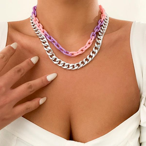 

chokers punk colorful acrylic short clavicle chain choker necklace for women fashion hip hop couple creative statement jewelry, Golden;silver