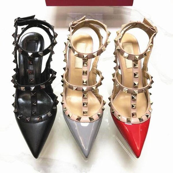 

sandals 2021 v classics rivets high heels 10cm pointed toe leather women's shoes stiletto with dust bags 44, Black