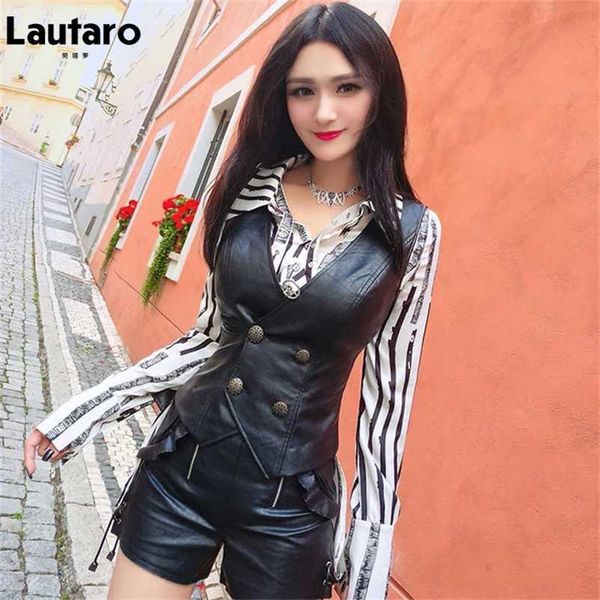 

lautaro autumn short black light soft pu leather vest deep v neck double breasted crop women stylish sleeveless jacket 211112, Black;brown