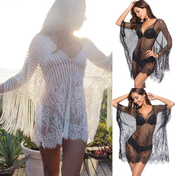 

women's swimwear v-neck fringe chiffon bikini beach sunscreen clothing, White;black