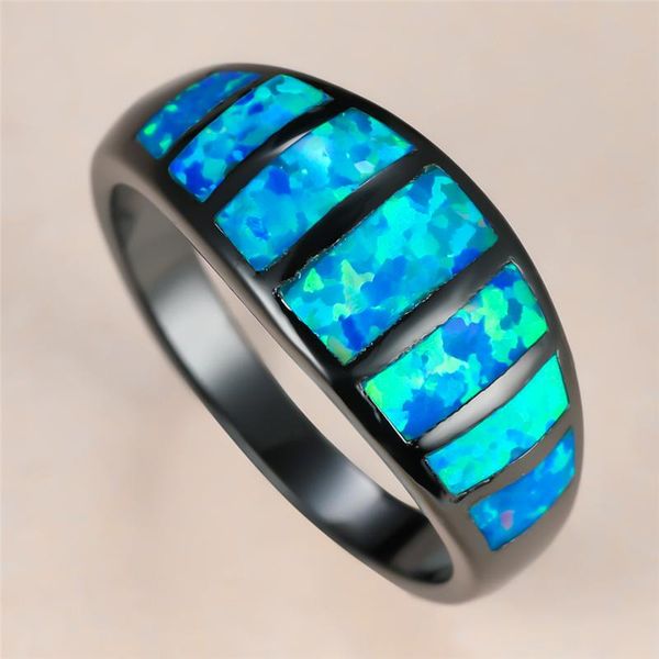 

cute male female blue opal stone ring vintage 14kt black gold wedding rings for women luxury bride geometric big engagement, Slivery;golden