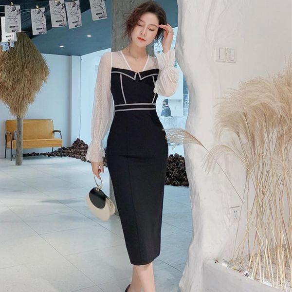 

casual dresses korean style brand print polka dot dress women zipper autumn winter mesh patchwork strapless midi office, Black;gray