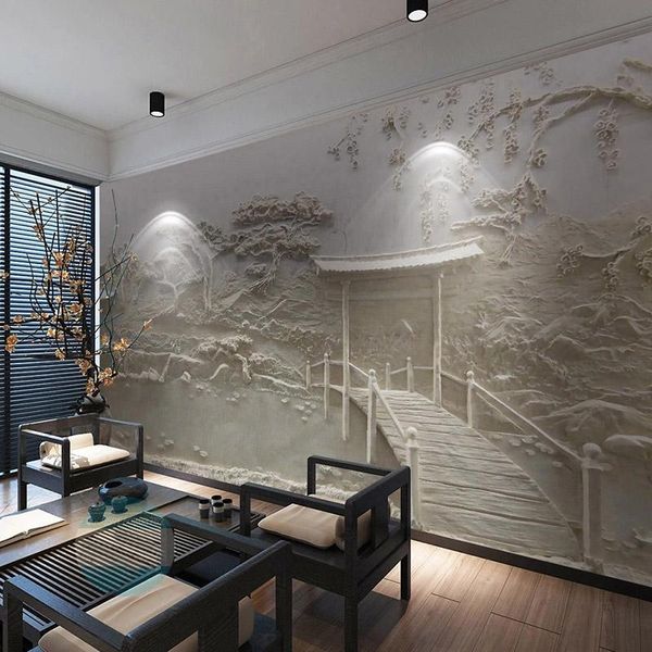 Sfondi Po Carta da parati Stile cinese 3D Stereo in rilievo Paesaggio Padiglione Sfondo Murale El Soggiorno Art Papel De Parede