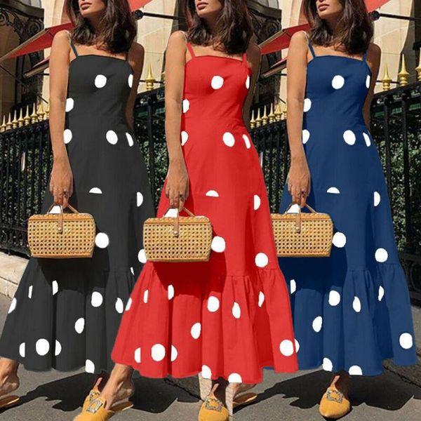 

summer fashion women's boho casual sleeveless long maxi dress girl's lady strappy polka dot holiday party beach dresses, Black;gray