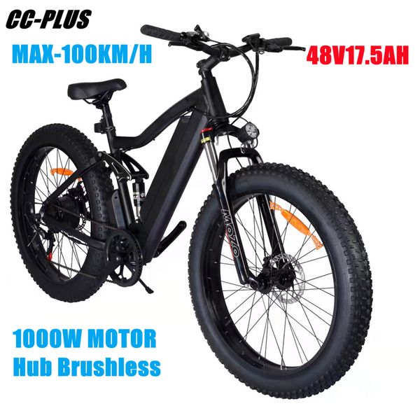 

26 inch electric bicycle rear drive motor bafang 48v 1000w 17.5ah lithium-battery full suspension fat tire 4.0 wheel 21-speed ebike snow bea, Silver;blue