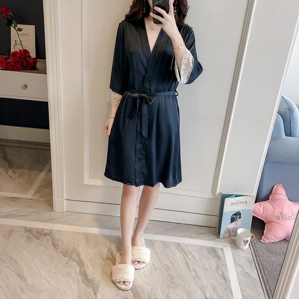 

women's sleepwear summer ladies lace robe nightgown home service bathrobe sexy, Black;red