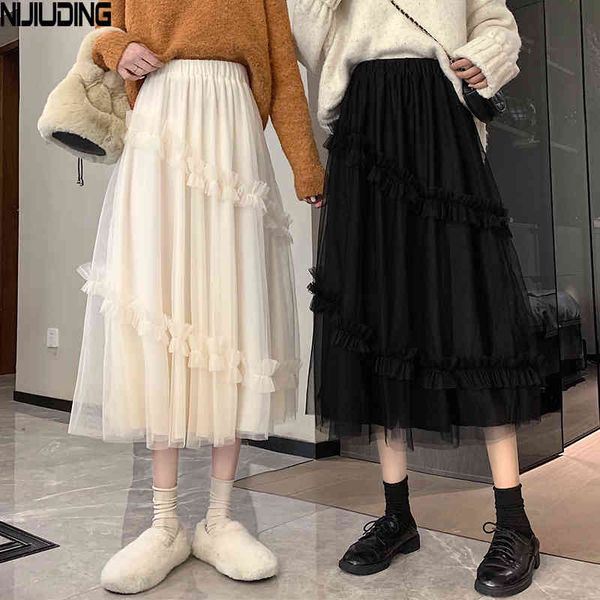 

women's retro pleated lace mesh skirts autumn spring solid ruffle high elastic waist splicing skirt with lining 210514, Black