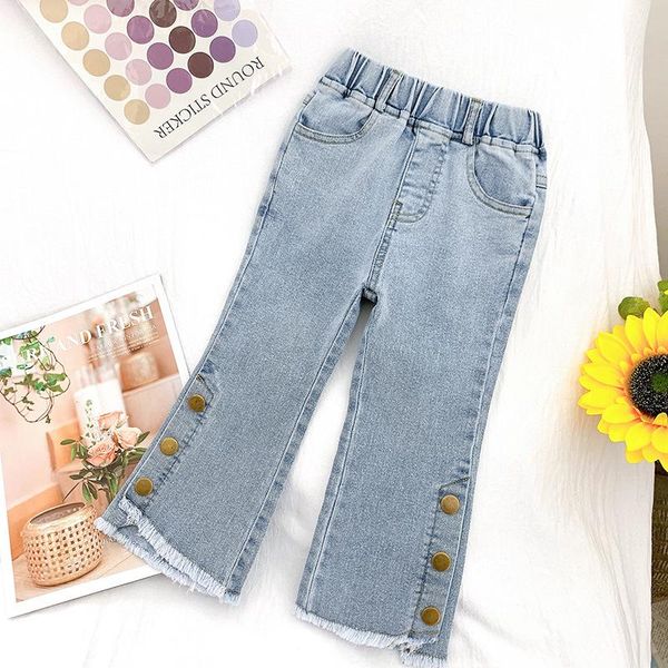 

spring autumn kids jeans for girls three buttons denim children girl bell-bottomed pants korean fashion baby trousers, Blue