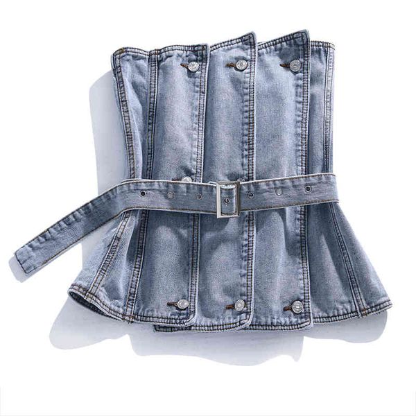 [Ewq] primavera verão novo doce denim sem mangas backless bandeau denim colete top sexy moda tendência senhora azul camisole qx611 210423