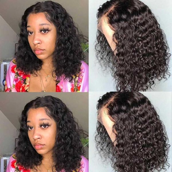 

bob water wave wig hd transparent lace front human hair wigs wet and wavy curly t part remy1, Black;brown