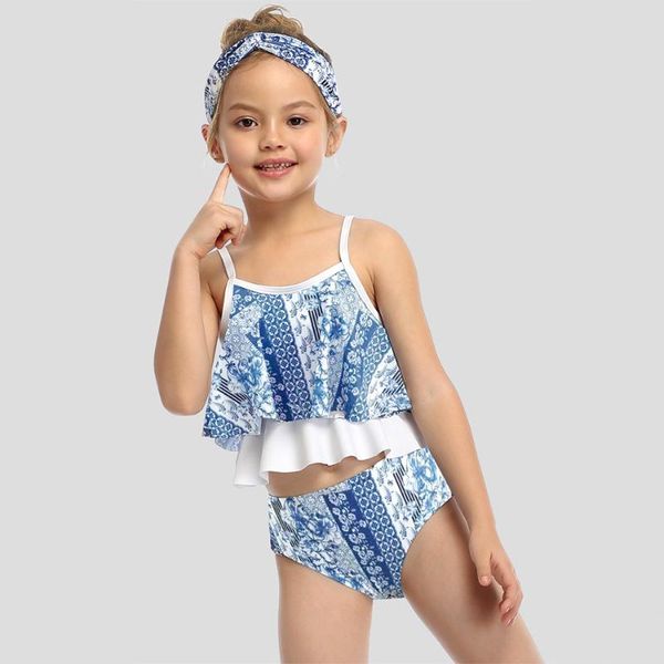 

flounce girls swimsuit print two piece children's swimwear 3-14 years girl bikini set ruffle little bathing suit beachwear one-piece su