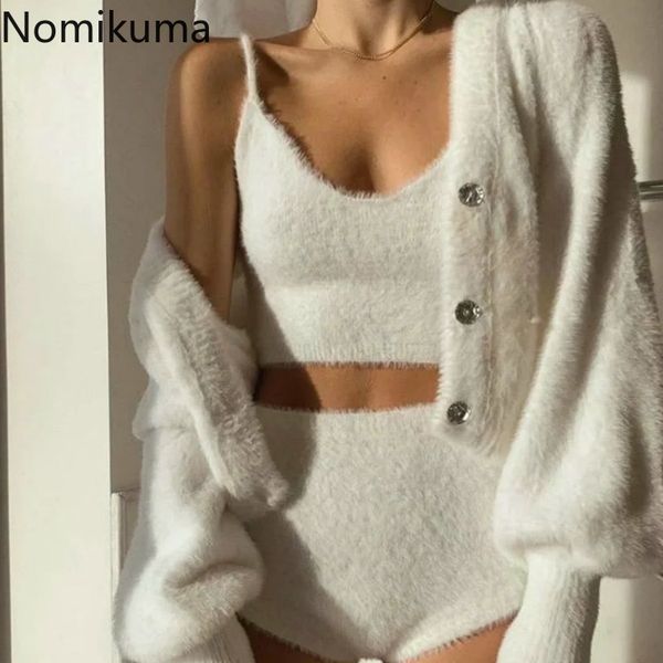 Nomikuma coreano Mohair 3 peças camisola conjuntos de manga comprida em v-pescoço de malha de camiseta + colete sem mangas v-decote V + calções de cintura alta 6C587 210427