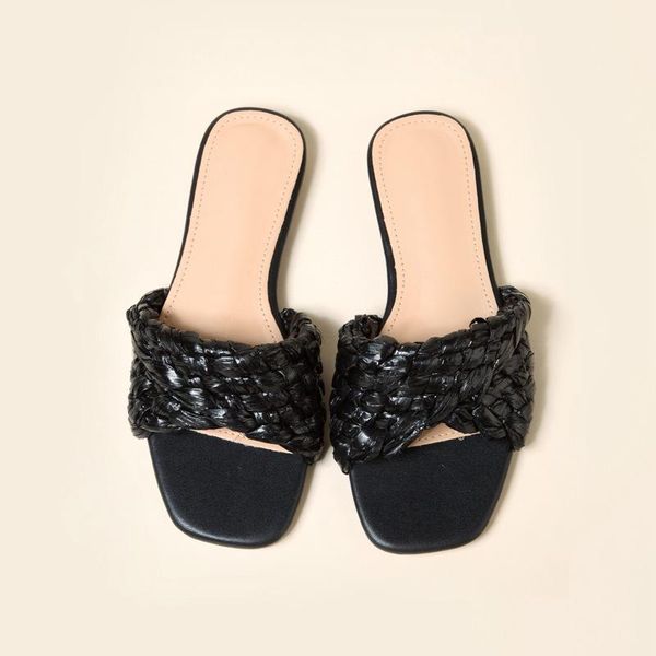 

slippers beach shoes woman summer sandals dropshiping brand women lafite grass braided mules square toe slides ladies weave flat, Black