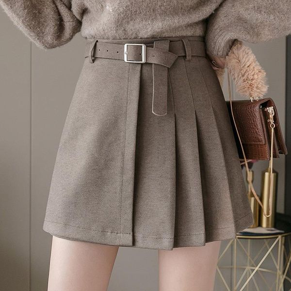 

autumn high waist woolen womens skirts winter pleated with belt a line short mini female saias jupe femme, Black