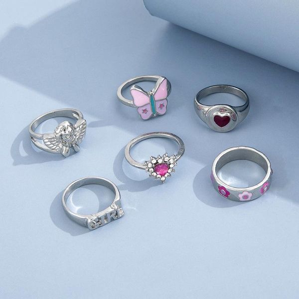 

cluster rings 2021 pink butterflyflower chunky set geometric love heart girl letter finger for women jewlery gifts, Golden;silver