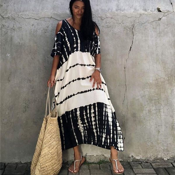 

women's swimwear 2021 bohemian summer dress women o neck long strapless vintage print ladies plus size tunic beach holiday vestidos, White;black