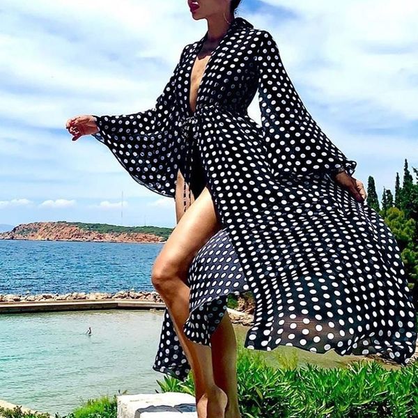 

set swimwear cover ups chiffon dot printed slim waist bandage beach dress bikini up women bathing suit women's, Black;white