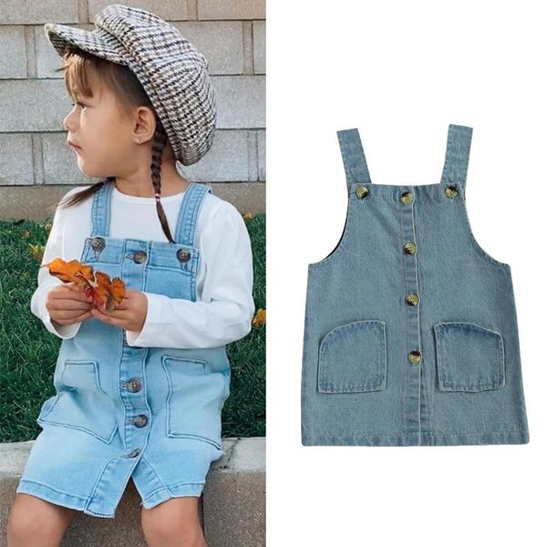 

girl's dresses focusnorm lovely kids girls denim suspender dress pocket with buttons decoration straight mini outfits 1-6y, Red;yellow