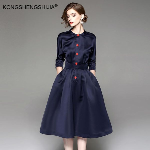 

casual dresses 2021 autumn women's european and american solid color dress office ladies stand collar 3/4sleeve red button blue, Black;gray