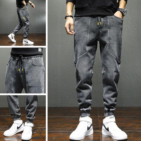 

men's jeans trendy washed retro slim pants fall black, Blue