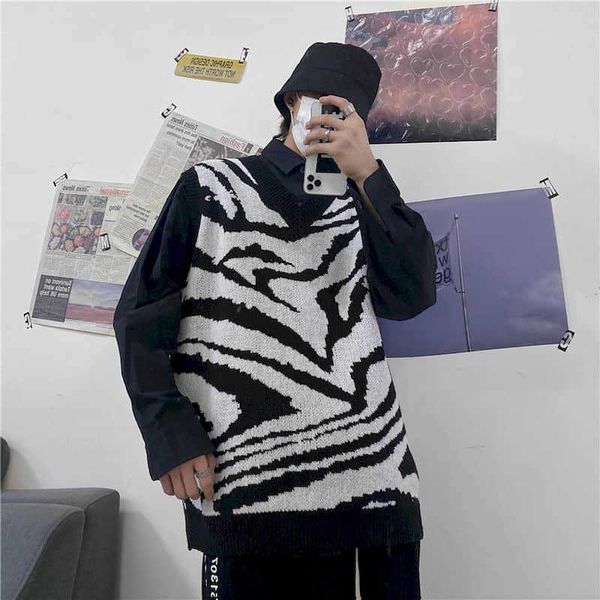 

streetwear punk vest women men trend hip-hop street black and white zebra pattern sleeveless knitted sweater 210526, Black;white