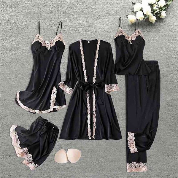 

5pcs silk robe set women lace pajamas gown set v-neck nighties wear home nightwear pijama sleepsuit spring nightdress, Black;red