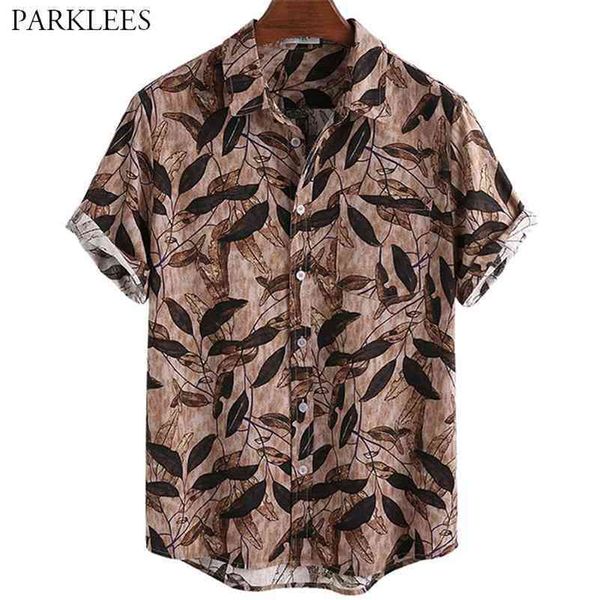 

retro leaf printed men shirt hawaiian beach holiday summer shirts for men casual button up mens short sleeve shirt with pocket 210524, White;black