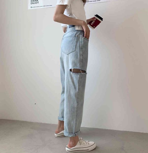 

make port from the spring autumn period and taste of summer, "tower straight waist high object cowboy hole leg drop pants, Blue