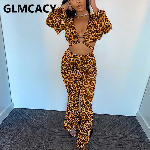 

two piece leopard suits long sleeve v neck crop & slim pants set 210702, White