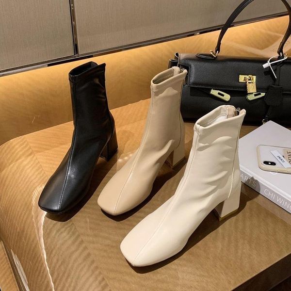 

boots women's autumn luxury designer round toe shoes boots-women fashion low summer 2021 mid calf rubber rock ladies cotton fab, Black