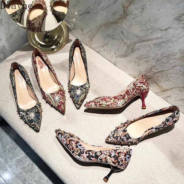 

dress shoes high heels ladies thin single pointed shallow mouth womens fashion bride wedding retro rivets pumps, Black