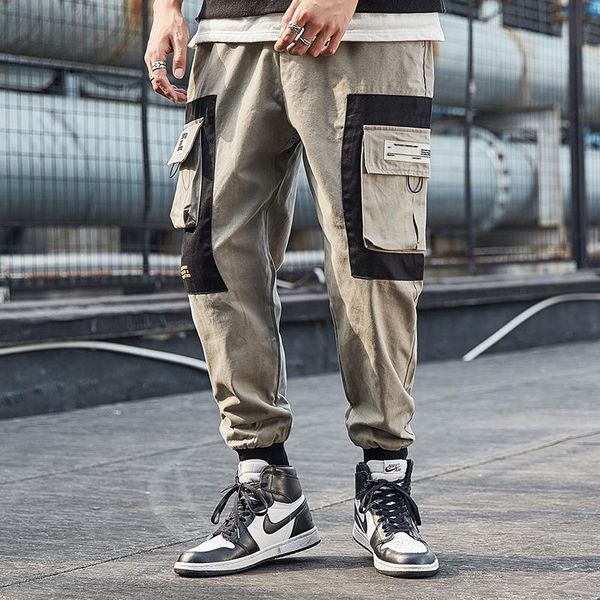 

men's pants elena store fashion mens cargo patchwork multi pockets joggers hip hop japanese streetwear trousers casual, Black
