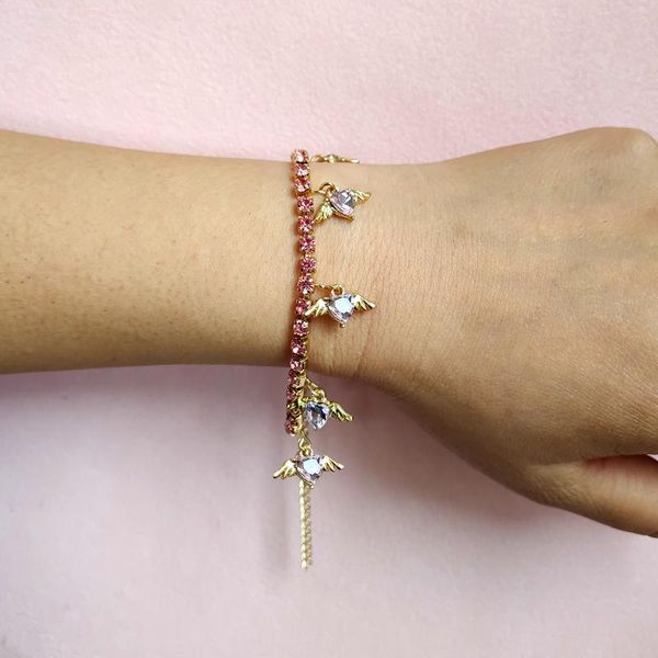 

link, chain bohemian angel pendant tennis bracelets for women punk fashion shiny heart crystal gold metal bracelet jewelry gifts, Black