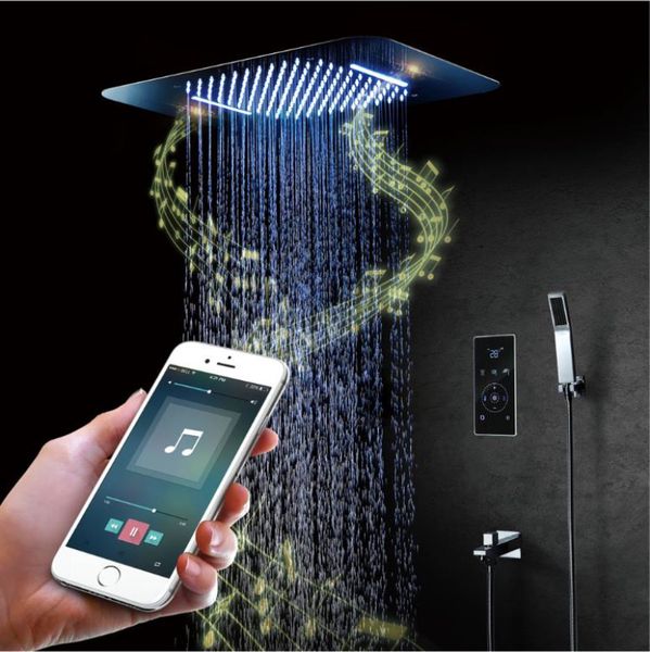 

digital thermostatic 3 functions complete shower system 580*380mm big size ceiling rain waterfall led lighting showerhead bathroom mixer tap