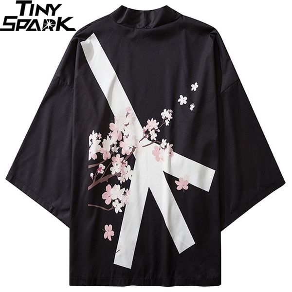 

japanese kimono jacket peace sign floral harajuku hip hop men japan streetwear summer thin clothes loose kimonos 210811, Black;brown