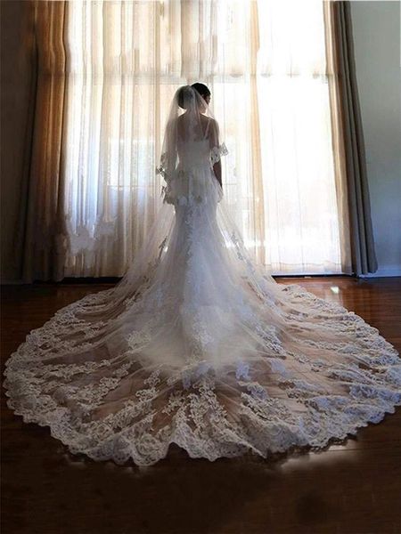 

bridal veils gorgeous 3m wedding two layer tulle vintage lace appliqued cathedral length white ivory veil custom made, Black